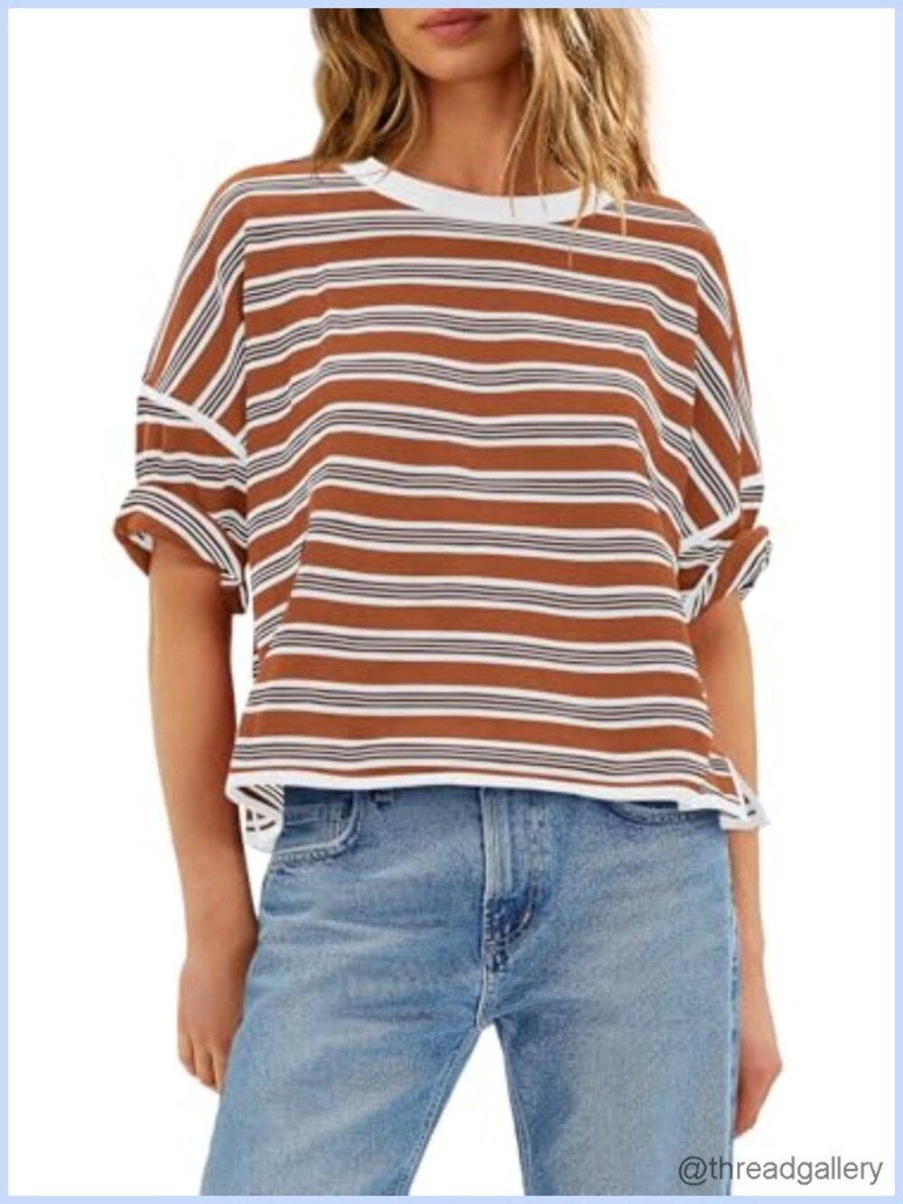 Oversized Striped Boxy Tee Short Sleeve Crew Neck Casual Summer T-Shirt